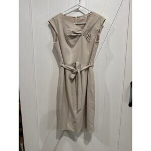 Calvin Klein Sheath Dress 6 Beige Oatmeal Midi Belted Draped Neckline